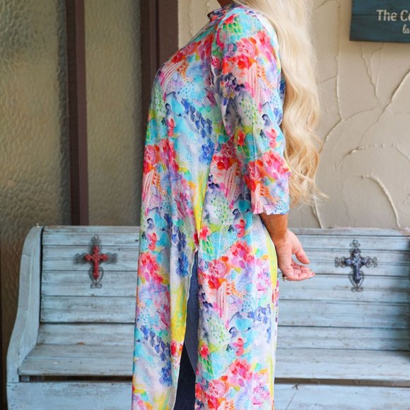 APNY Multi Colored Floral Button Down Long Top Or Kimono With Side Slits - Picture 2 of 4